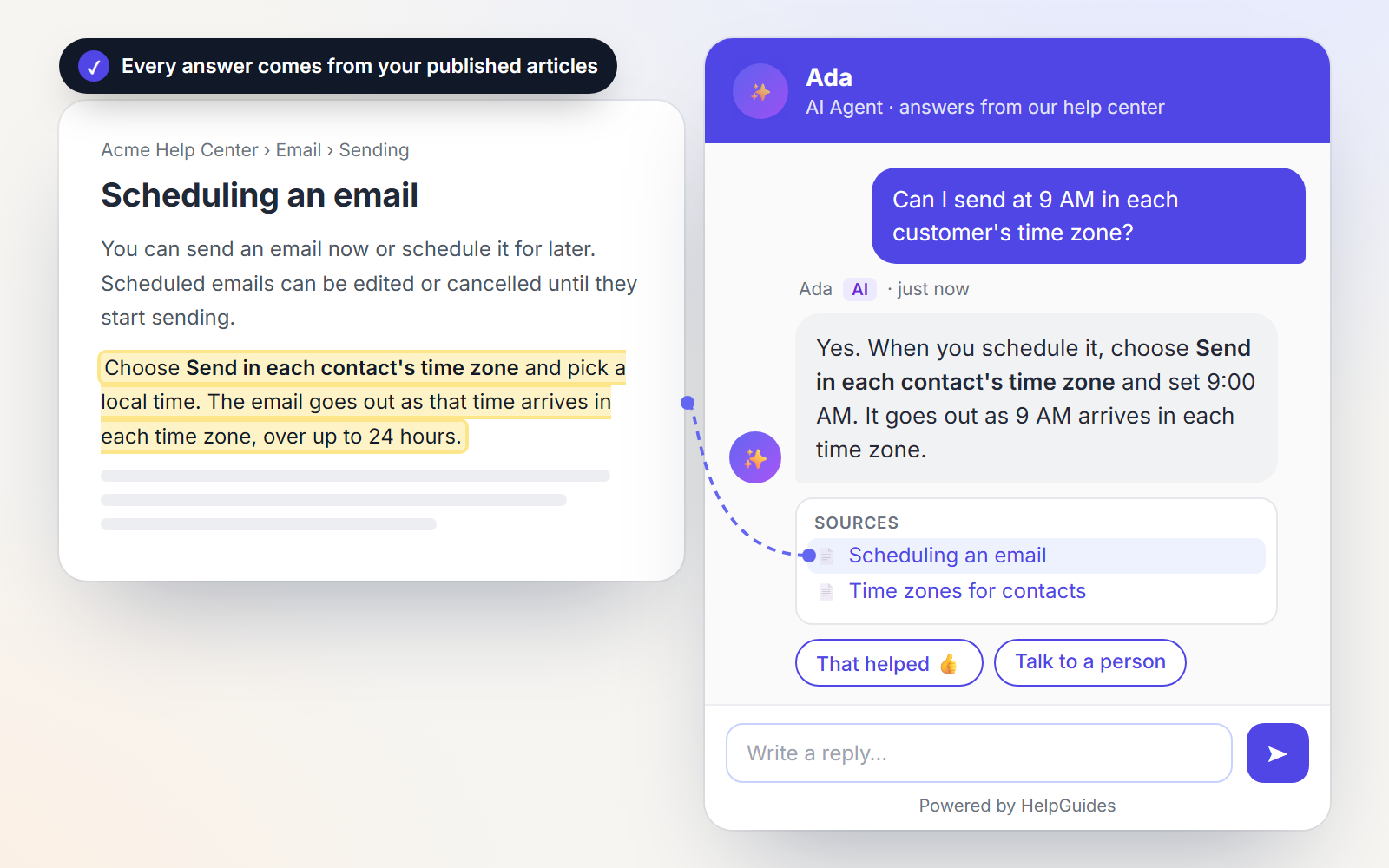 An AI answer from Docent Messenger, linked to the help article it came from